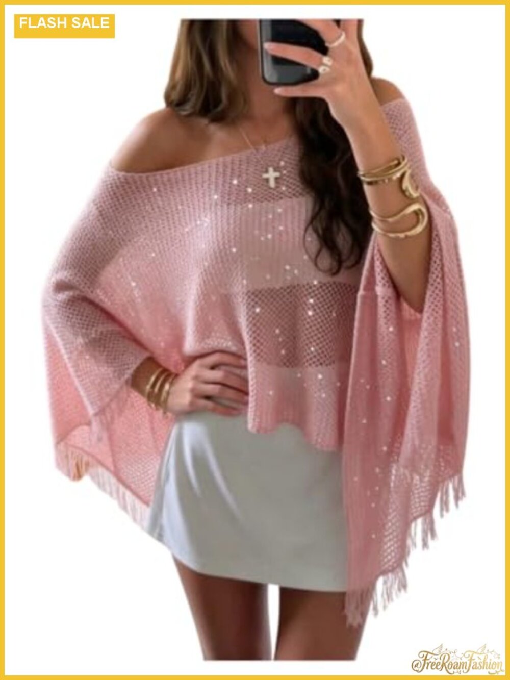Sequin Knit Poncho Shawl Cover Up Fringe Crochet Swim Beach Top